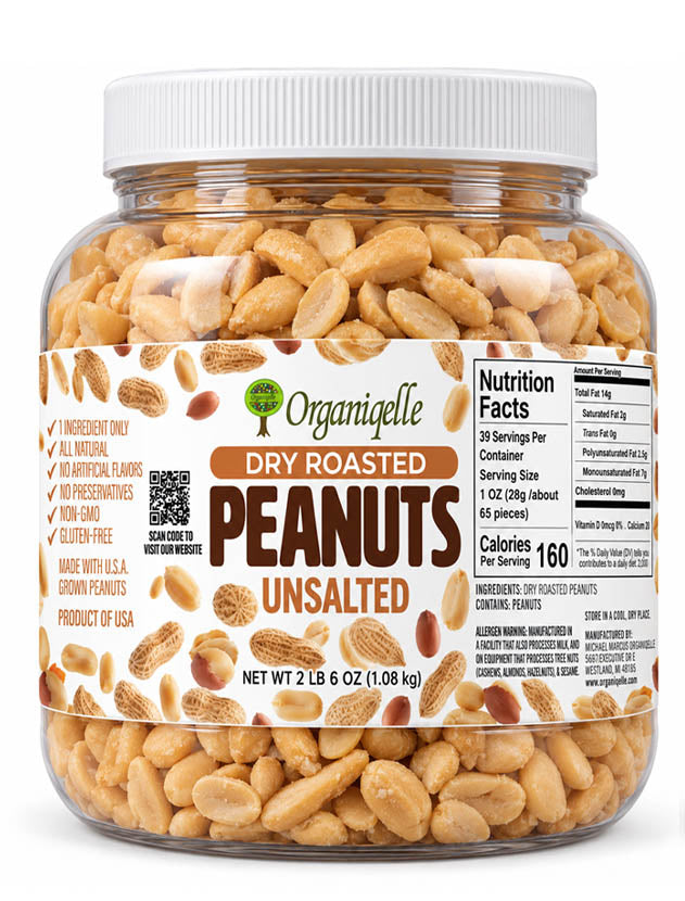 Organiqelle Unsalted Dry Roasted Peanuts 2 lb 6 oz jar